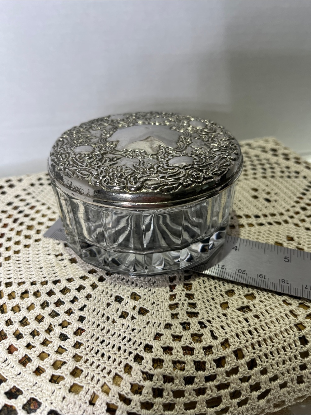 Vintage Indonesia Cut Glass Vanity Trinket Jar Ornate Silver Lid
